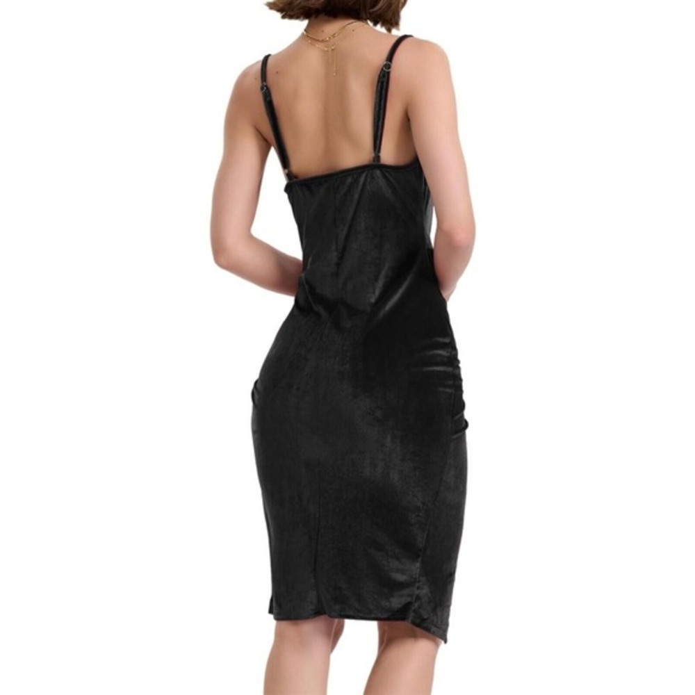 Flamingals Velvet Dress V Neck Spaghetti Strap Bodycon Wedding Birthday Ruched M - Picture 3 of 5